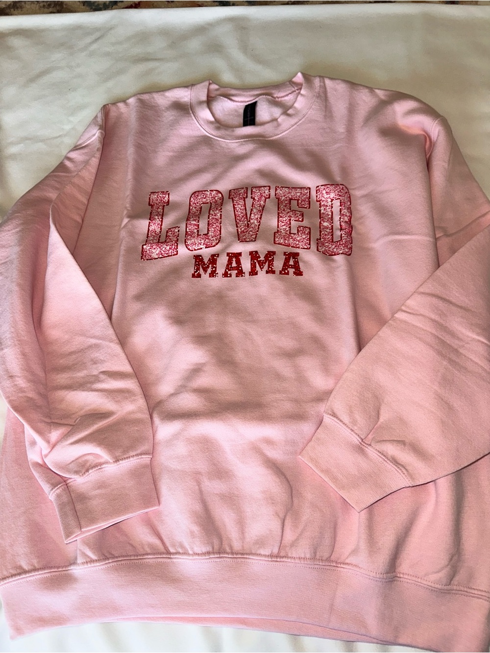 Pink Crewneck Sweatshirt with Red Glitter "Loved Mama"